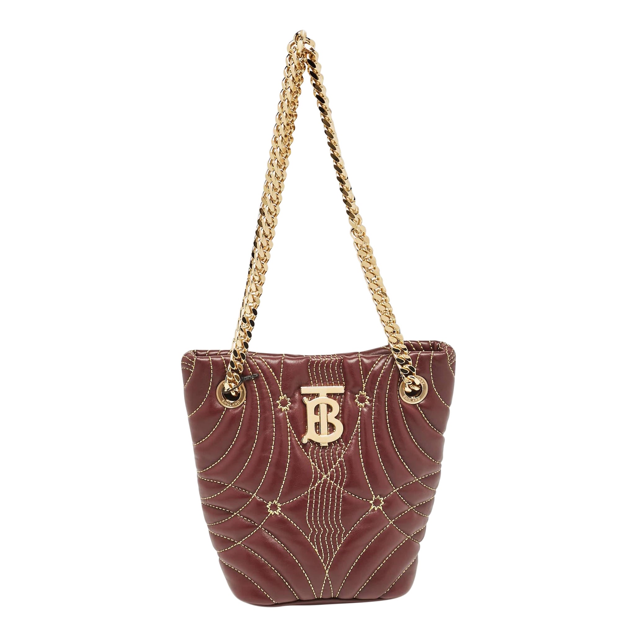 Burberry Dark Maroon Leather Mini Lola Bucket Bag For Sale