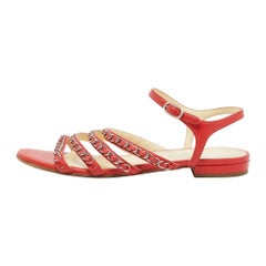 Chanel Red Leather Chain Link Detail Strappy Flat Sandals Size 39.5