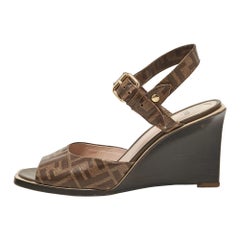 Fendi Brown Zucca Canvas Wedge Ankle Strap Sandals Size 41
