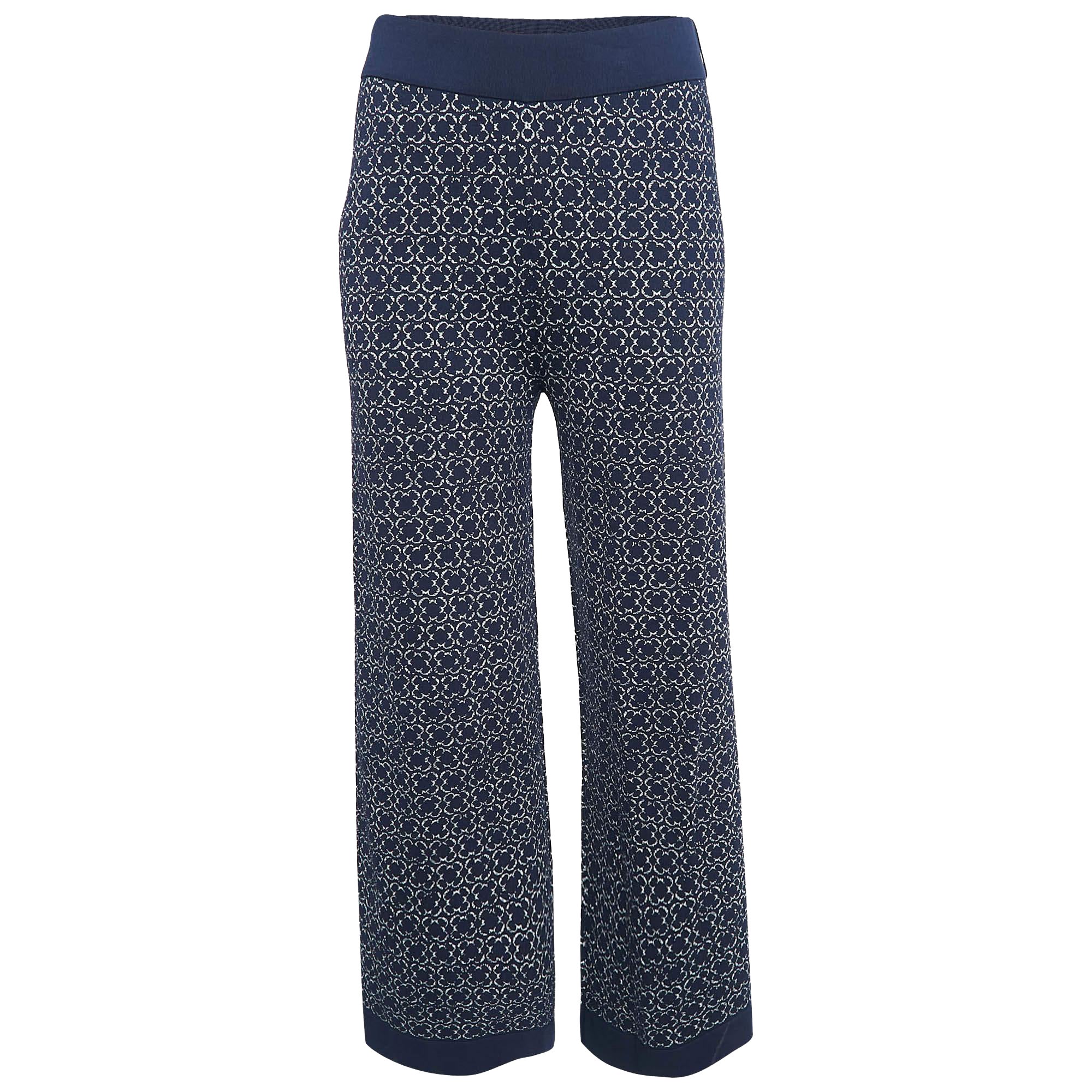Carolina Herrera Navy Blue Patterned Jersey Wide-Leg Pants XS For Sale