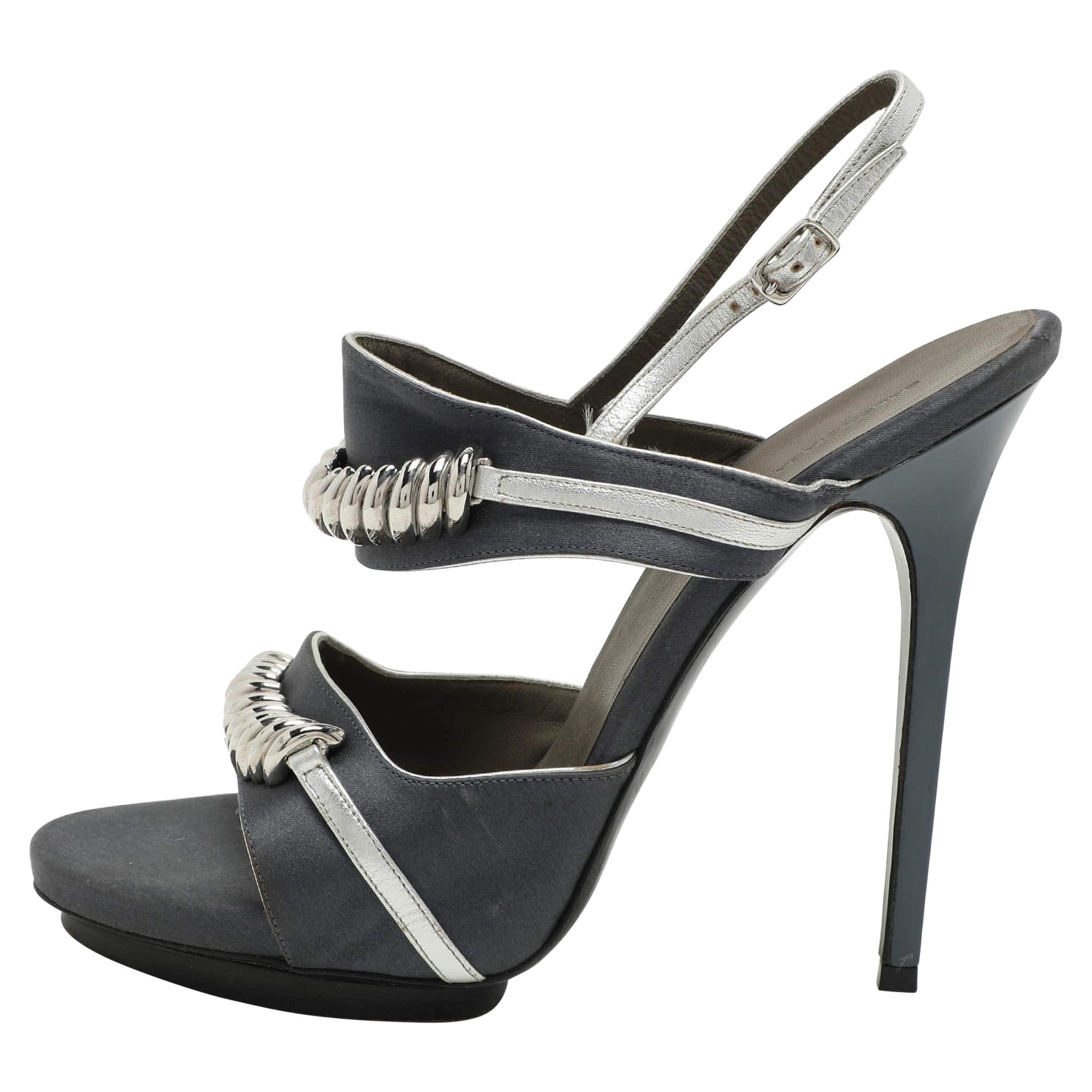Balenciaga Grey Satin Embellished Slingback Sandals Size 39.5 For Sale
