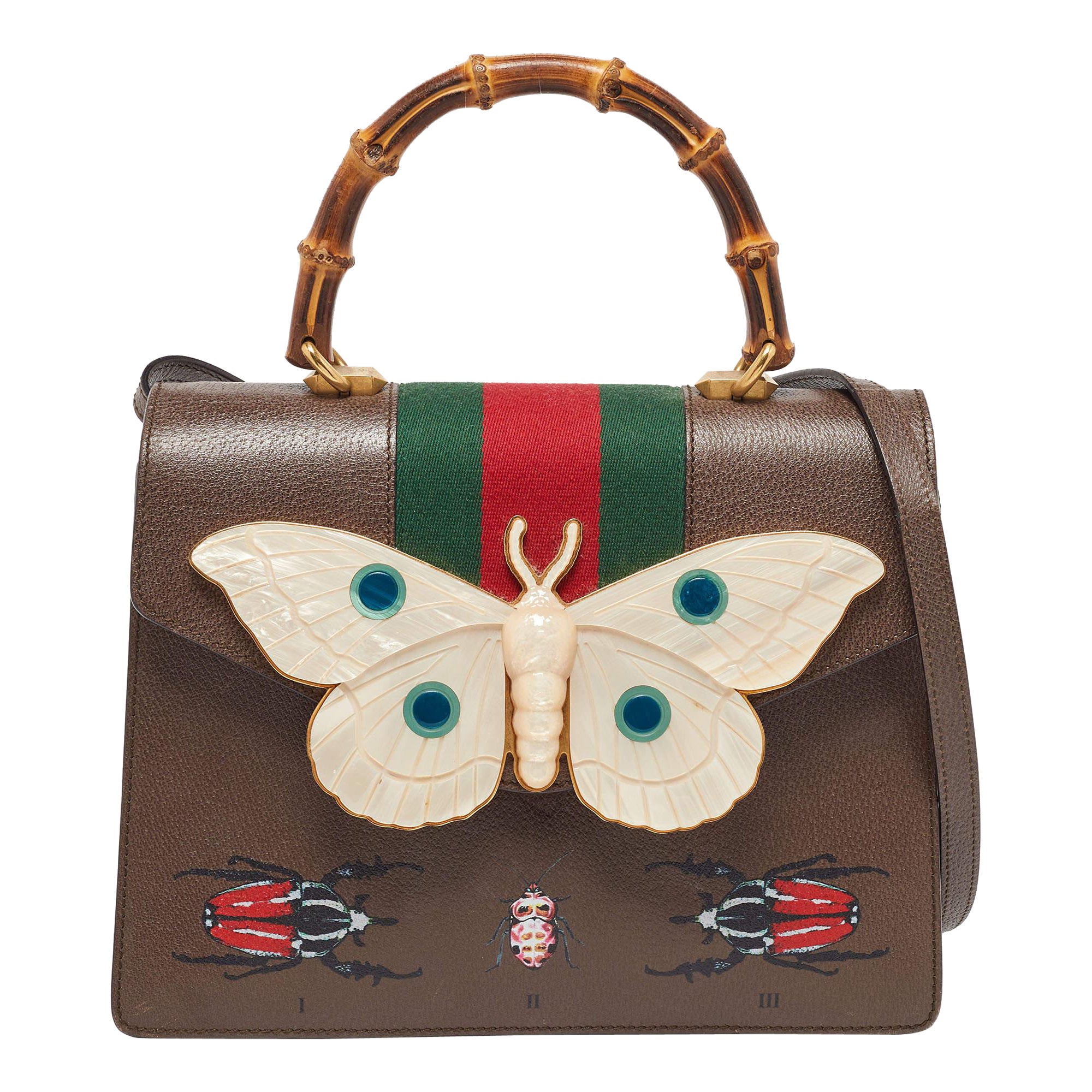 Gucci Brown Leather Medium Bamboo Web Falena Top Handle Bag For Sale