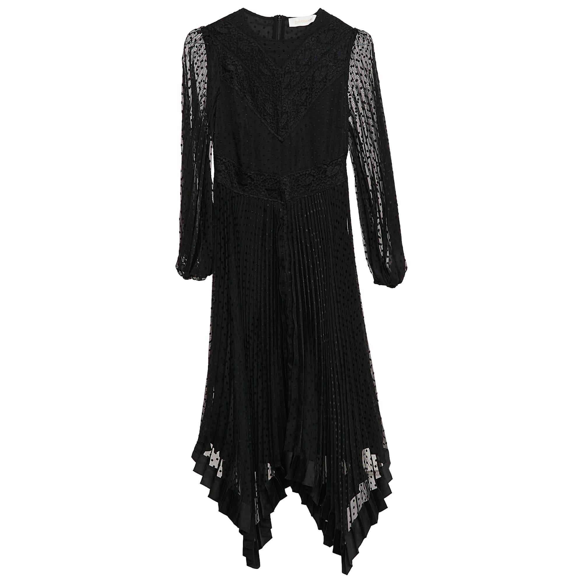 Zimmermann Black Swiss Dots  Lace and Chiffon Plisse Espionage Midi Dress S For Sale