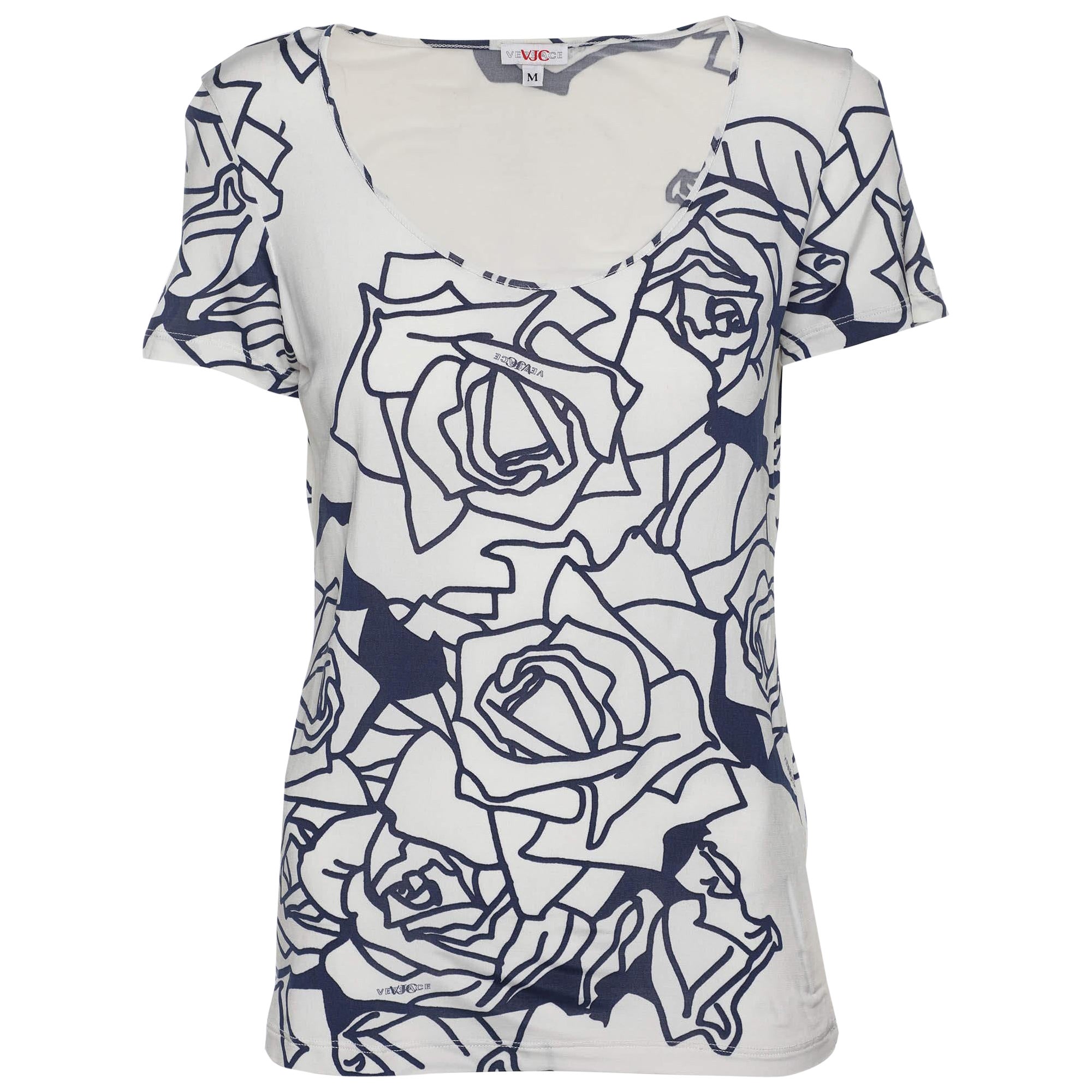Versace Jeans Couture White/Blue Printed Jersey Round Neck Top M For Sale