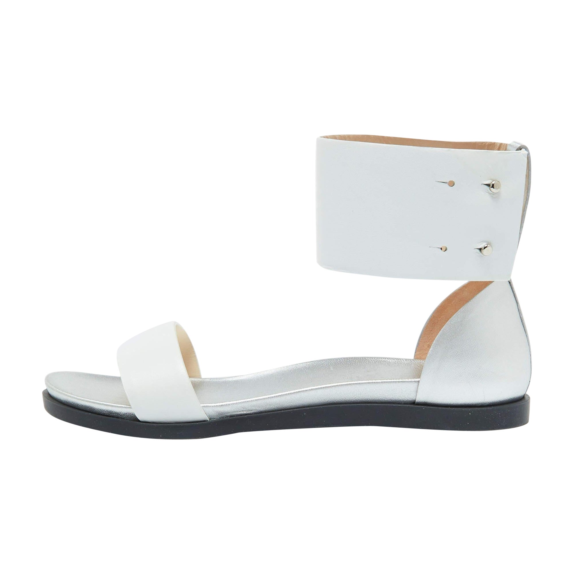 Joseph White/Silver Leather Ankle Strap Flat Sandals Size 40 For Sale