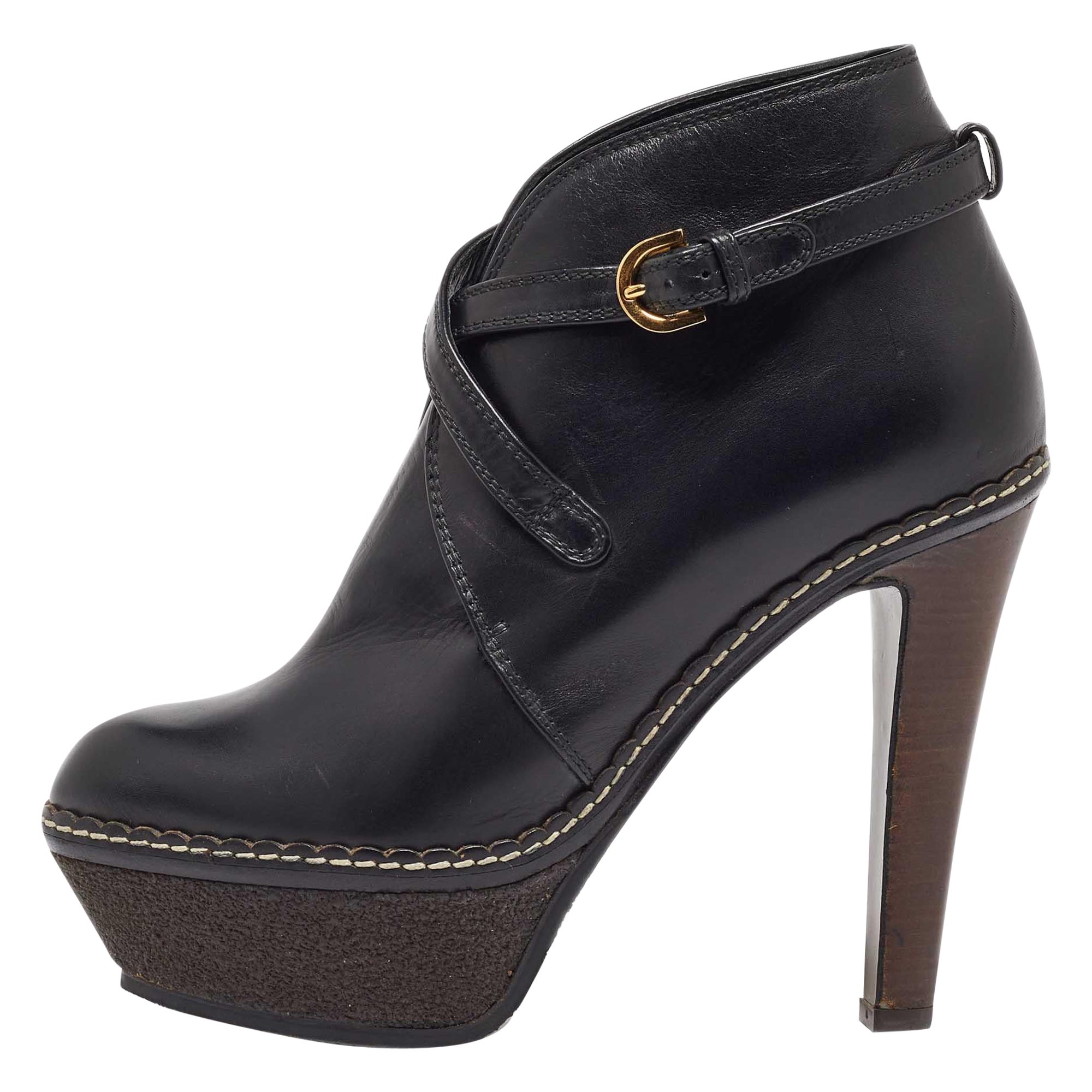 Sergio Rossi Black Leather Platform Ankle Length Boots Size 36.5 For Sale