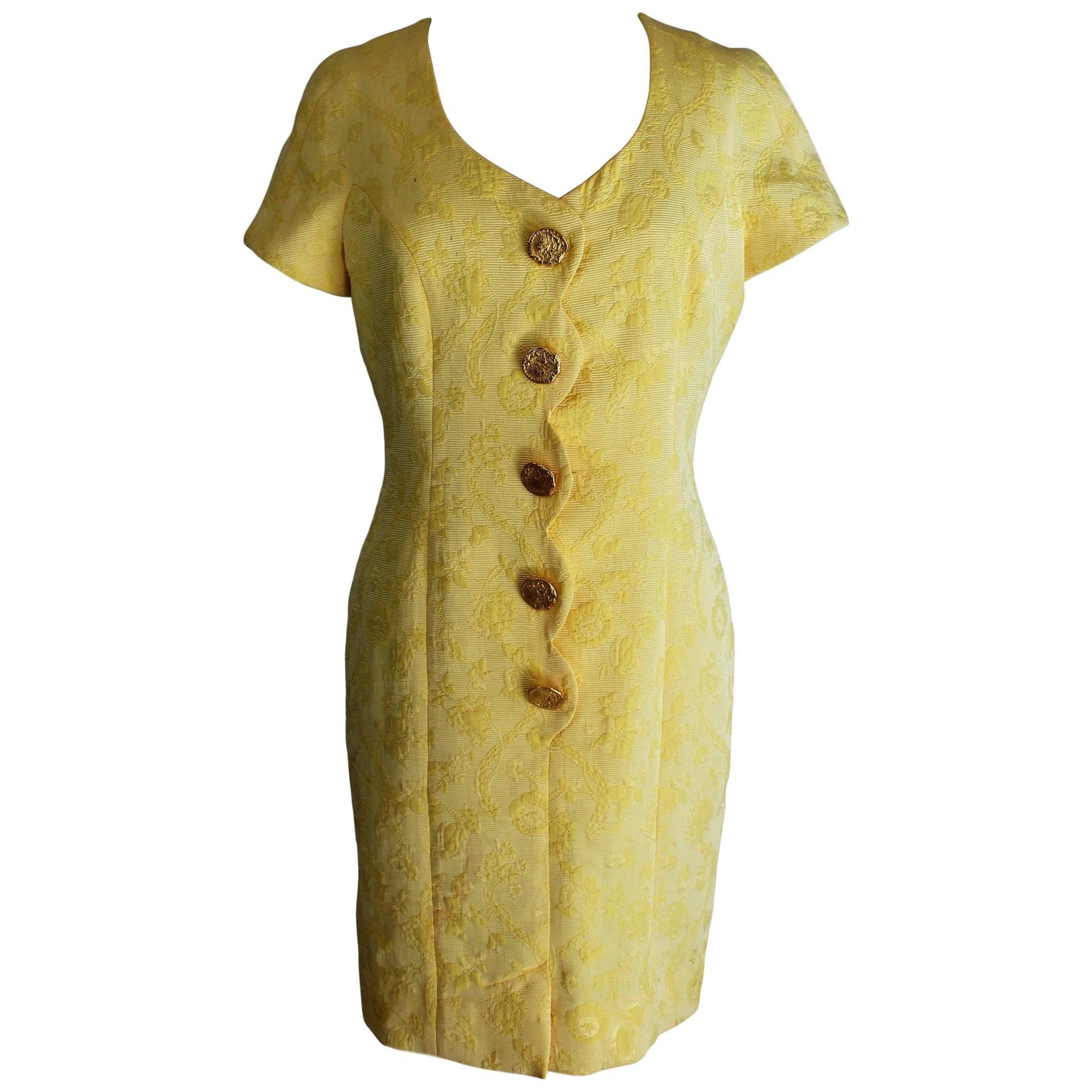 1970s Frank Usher Yellow Cotton Blend Tunic Dress Floral Embossed  For Sale