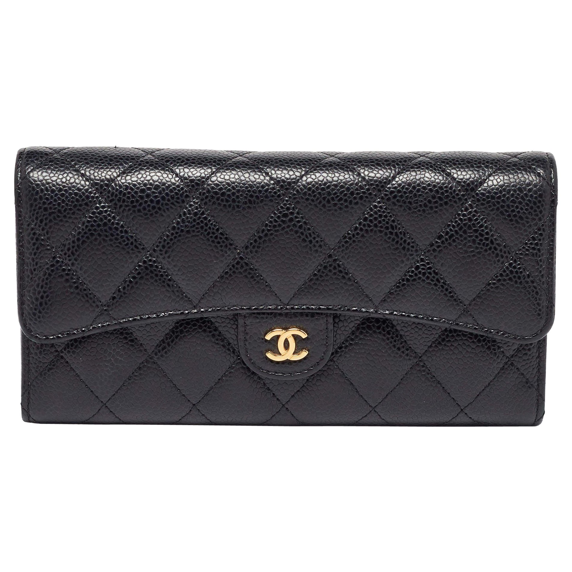 Chanel Black Caviar Quilted Leather Classic Long Flap Wallet For Sale