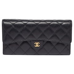 Chanel Black Caviar Quilted Leather Classic Long Flap Wallet