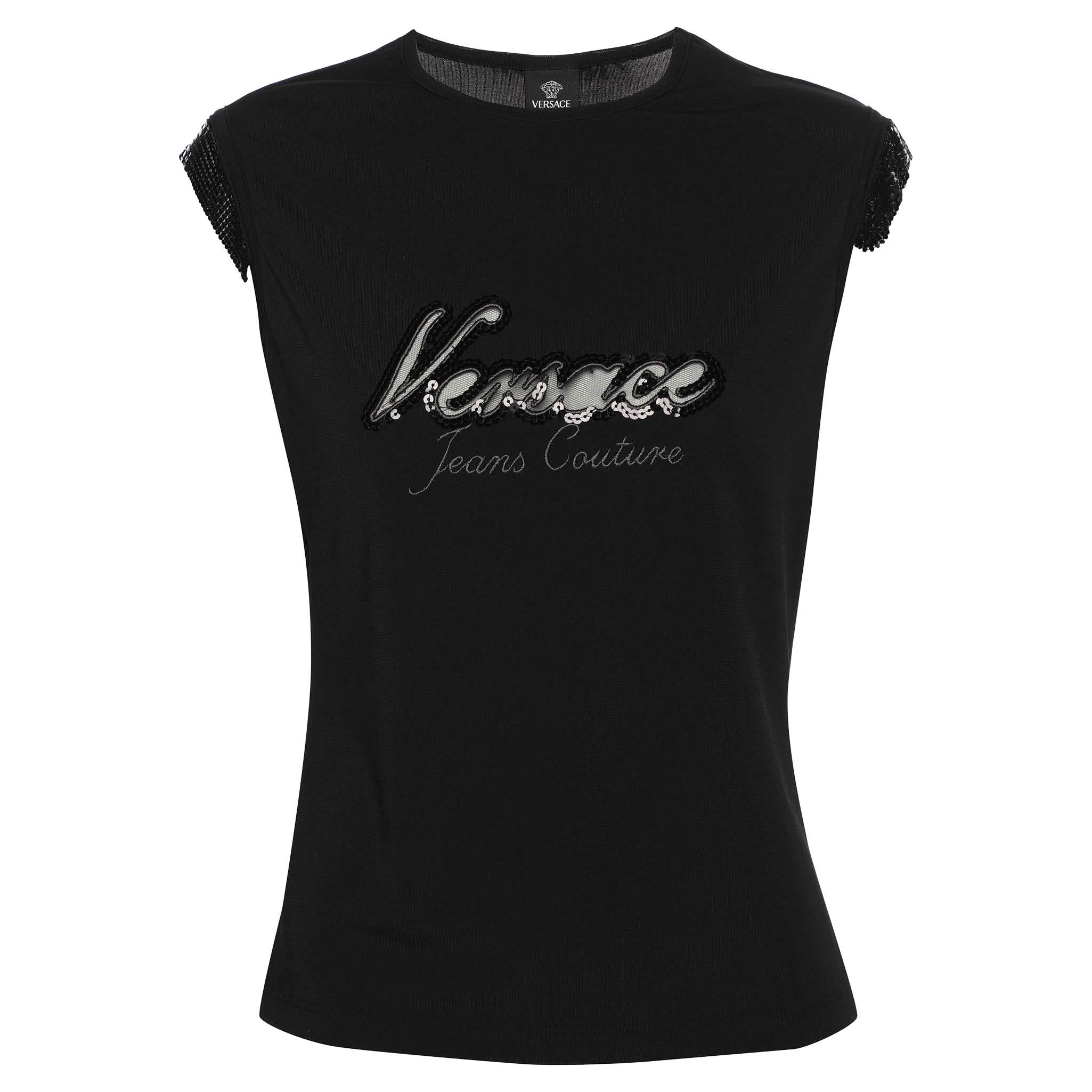 Versace Jeans Couture Vintage Black Logo Embroidered Jersey Sleeveless Top L