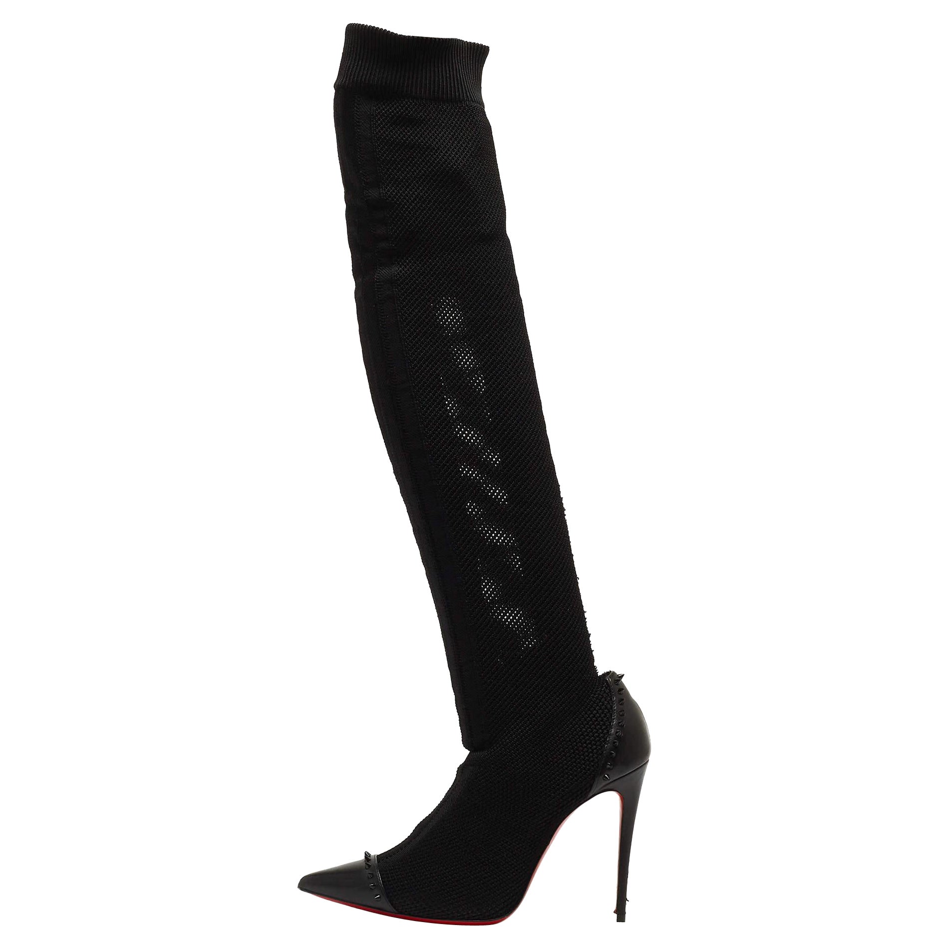 Christian Louboutin Botas hasta la rodilla de tejido de punto negro y piel Souricette 35.5
