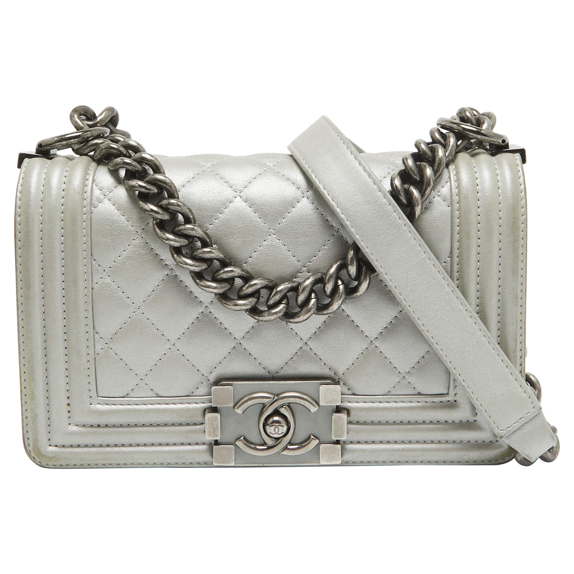 Chanel Grey Quilted Leather Mini Boy Flap Bag For Sale