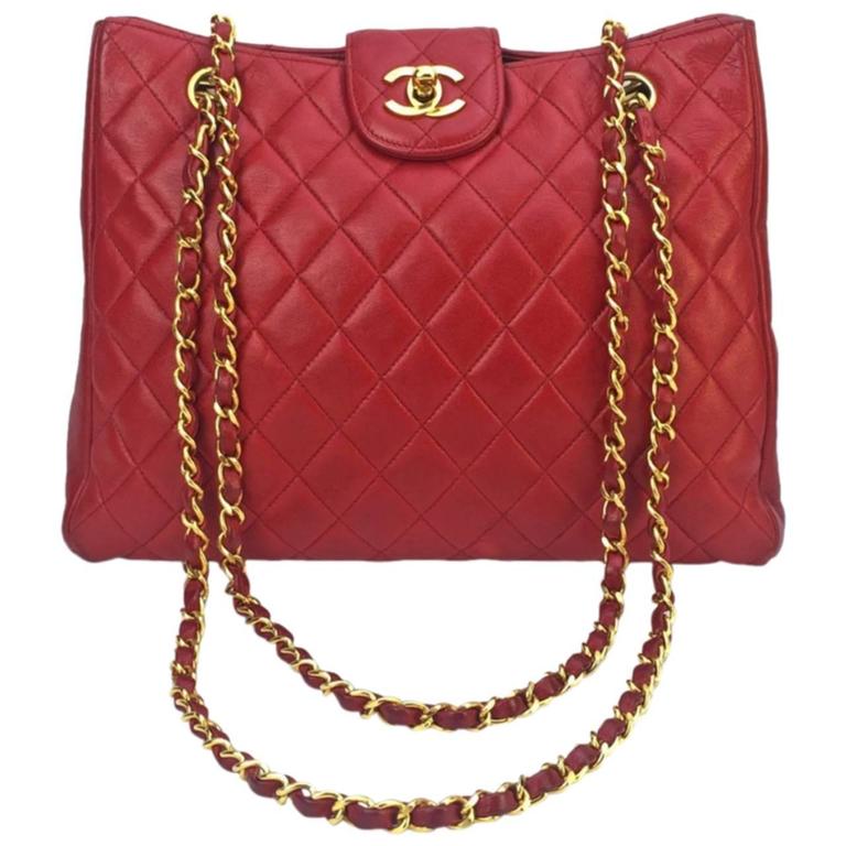 Chanel Classic Red Quilted Lambskin Leather Gold Chain Strap