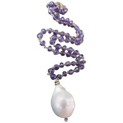 Vintage Large Baroque Pearl Faceted Amethyst Silver Gilt Necklace
