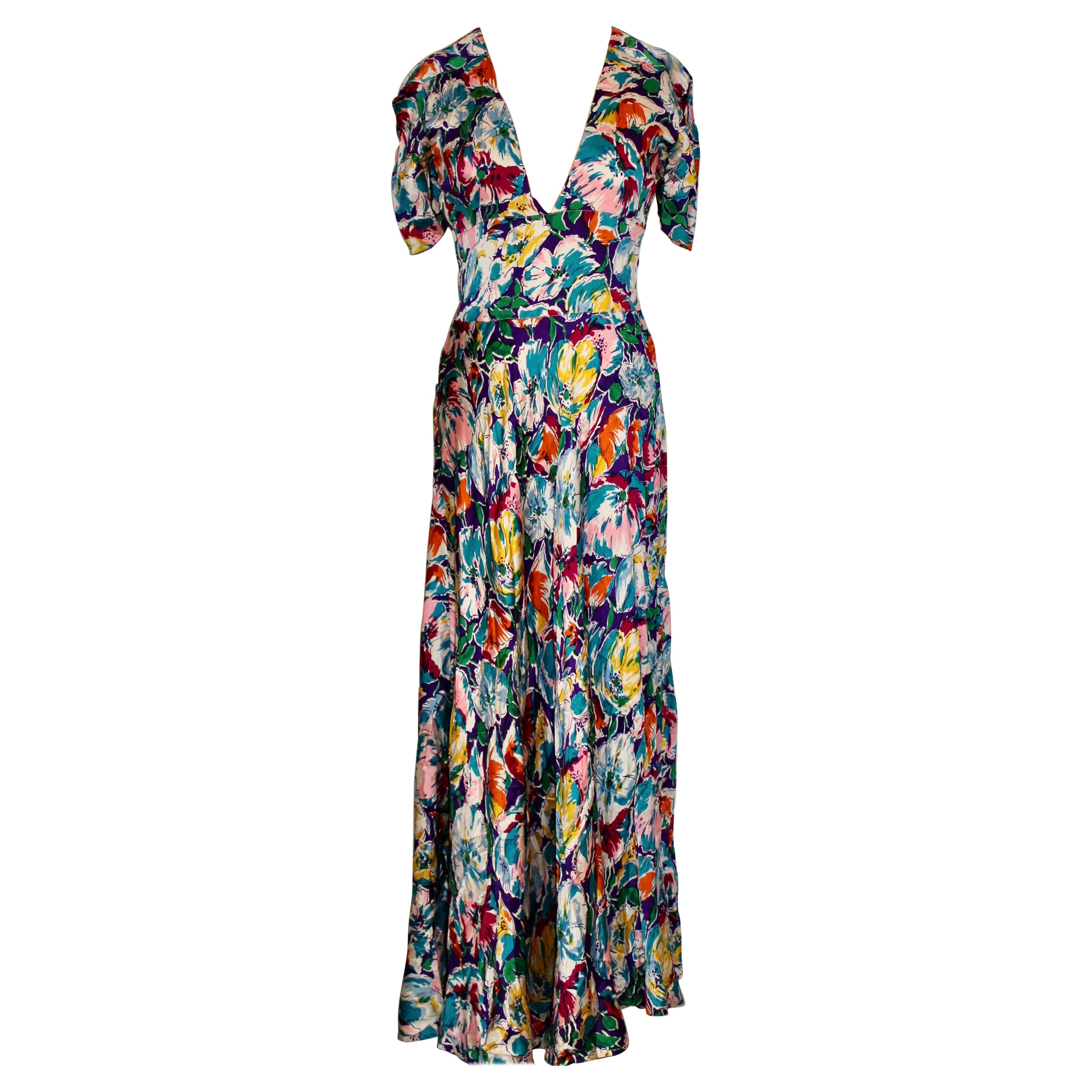 Vestido de seda floral color 'joya' de los años 40 en venta