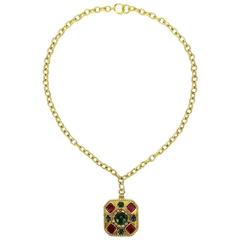 Chanel Gripoix Glass and Faux Pearl Square Pendant Gold Chain Necklace 7