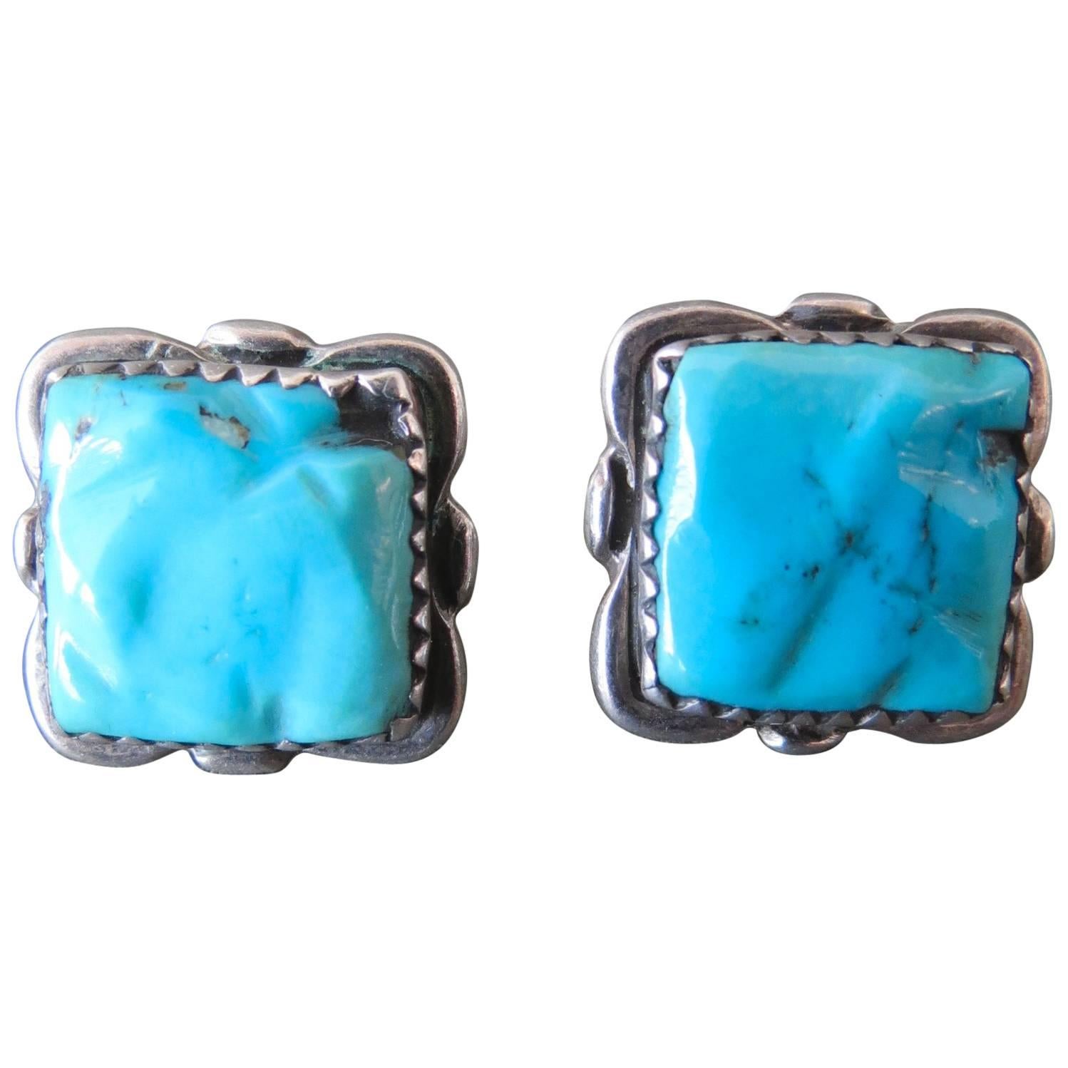 Vintage Navajo Turquoise Silver Native American Earrings by Alvina Quam Zuni For Sale