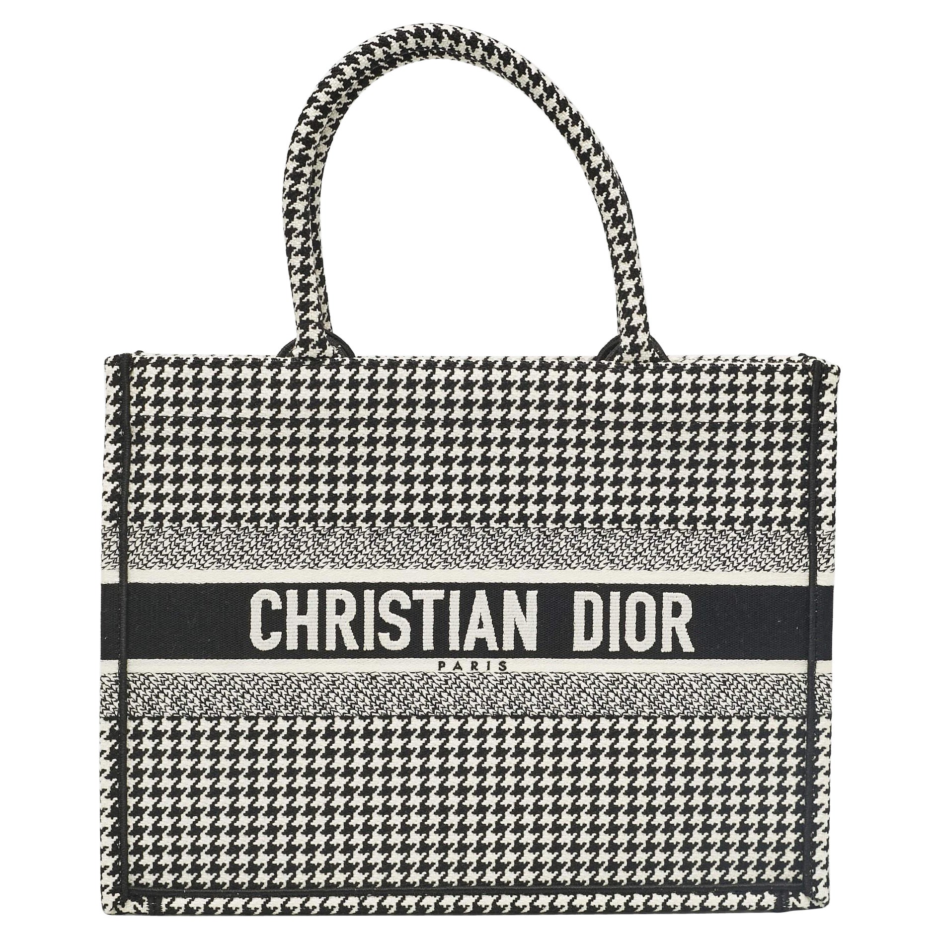 Dior Black/White Canvas Medium Houndstooth Book Tote For Sale