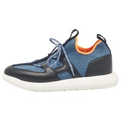 Hermes Blue/Black Knit Fabric and Leather Duel Sneakers Size 43