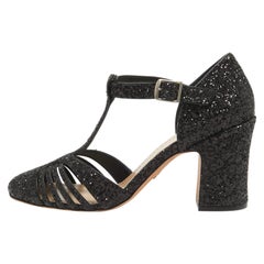 Dior Black Glitter Ankle Strap Block Heel Pumps Size 37.5