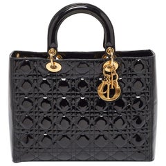 Dior Black Cannage Patent Leather Large Lady Dior Tote