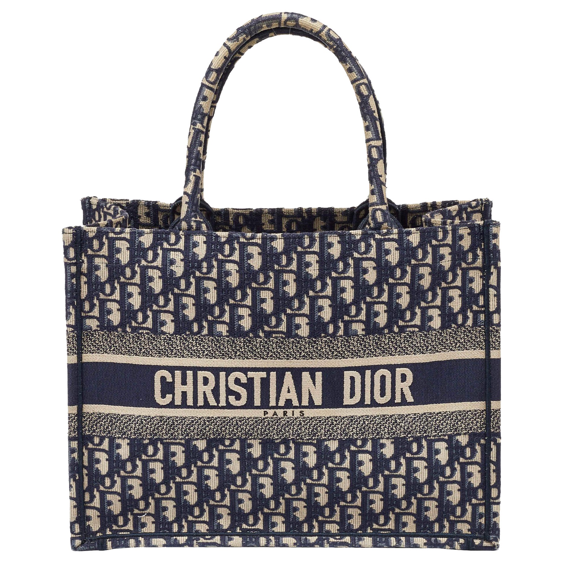 Dior Navy Blue Oblique Embroidered Canvas Medium Book Tote For Sale