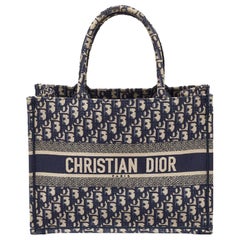 Dior Navy Blue Oblique Embroidered Canvas Medium Book Tote