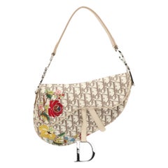 Dior Beige/White Oblique Canvas and Leather Floral Embroidered Saddle Shoulder Bag
