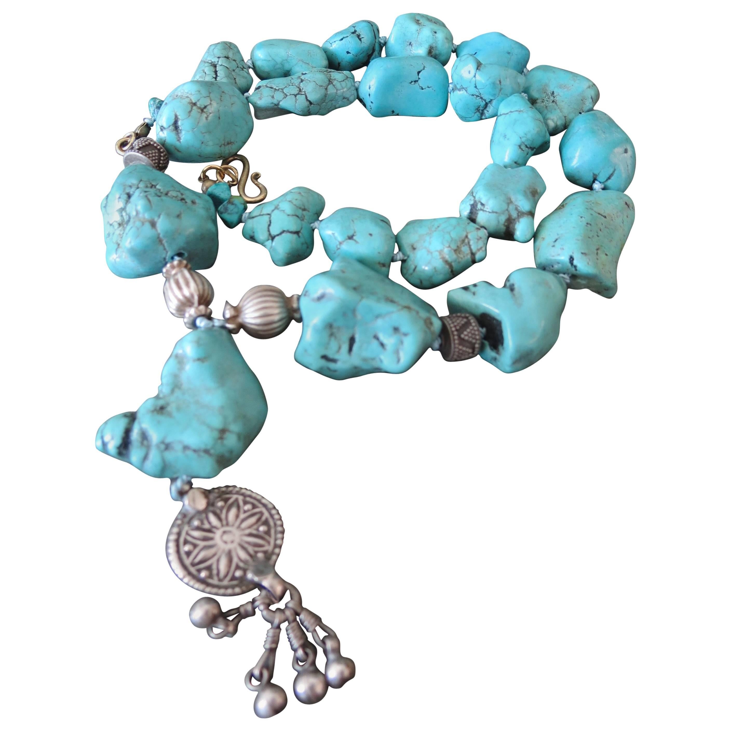 Vintage Turquoise Nugget Bead Necklace with Sterling Silver Details For Sale