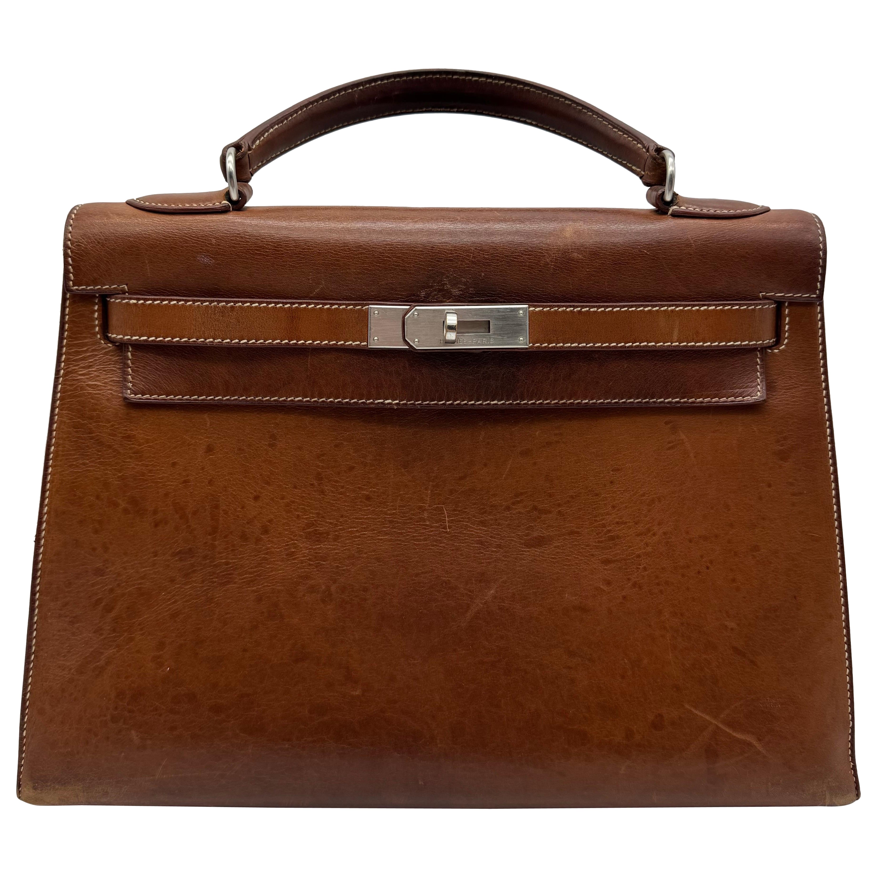 Hermes París Kelly 32 Bolso Vintage 1999 Caja Marrón Becerro en venta