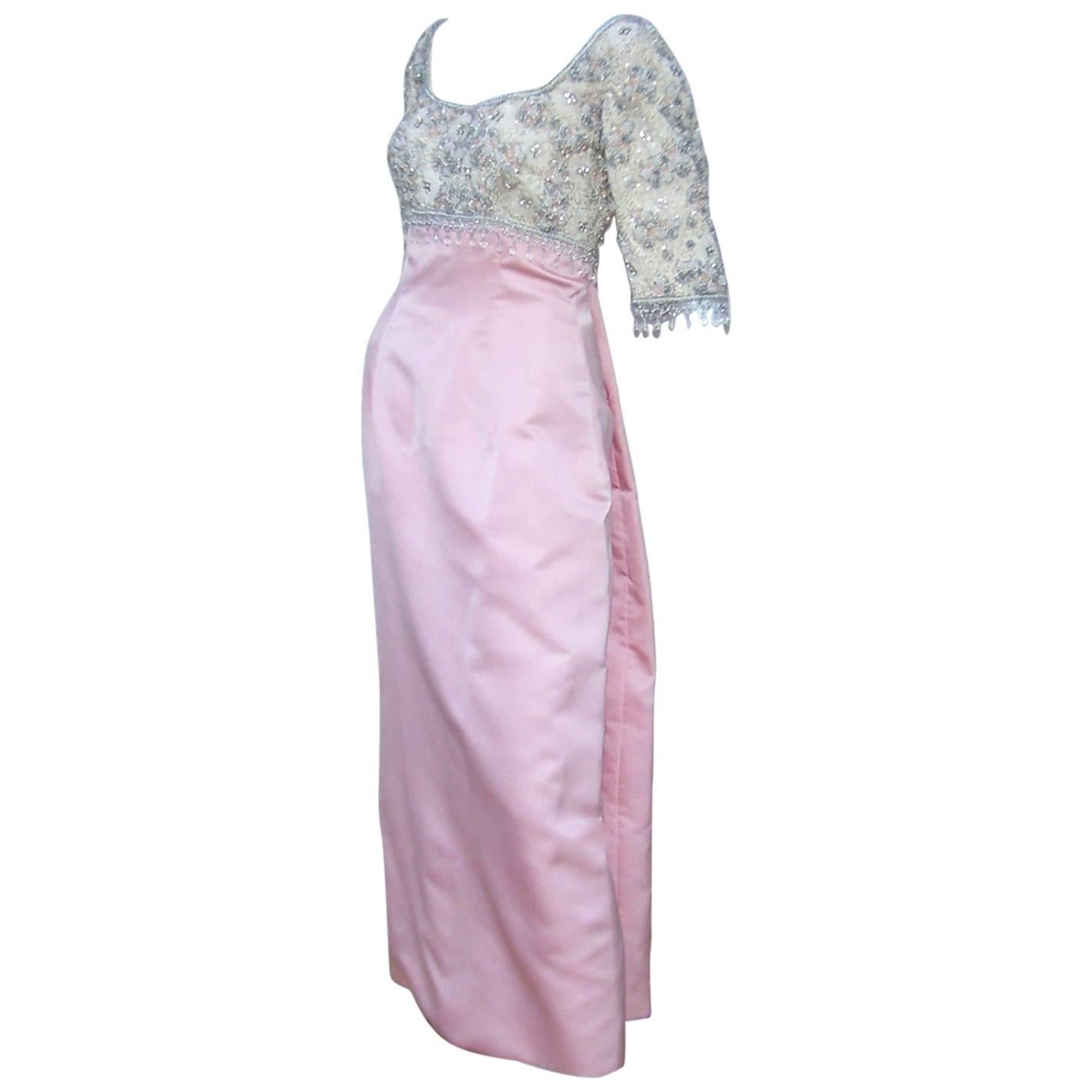 Pretty in Pink 1950's Silk Satin Beaded Princess Dress With Train