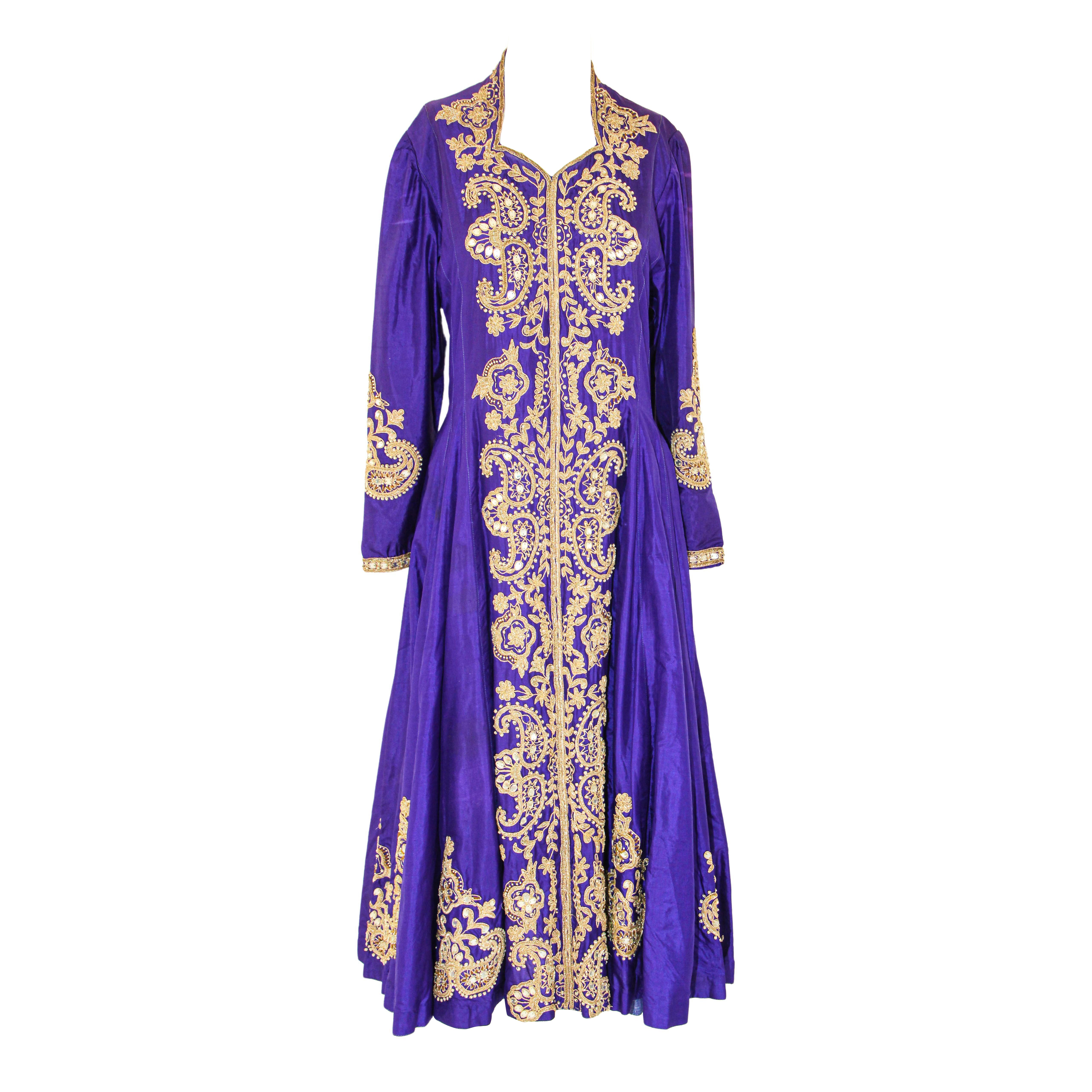 Vintage Purple Silk Embroidered Maxi Dress Anarkali Kashmir Maxi Dress India For Sale