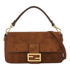Fendi Baguette Selleria Suede Leather Crossbody Bag Medium Caramel Tan