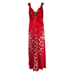 Blumarine Red & White Silk Animal Print Maxi Dress with Jewel Decoration Bodice (Robe longue en soie rouge et blanche à imprimé animalier avec corsage orné d'un bijou)