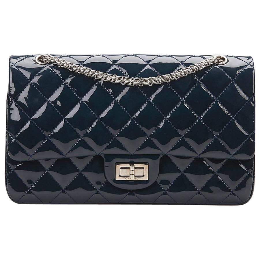 2010s Chanel Navy Quilted Patent Leather 2.55 Reissue 227 Double Flap Bag