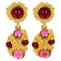 Guy Laroche Dangle Gilded Earrings Pink and Red Poured Glass Cabochons