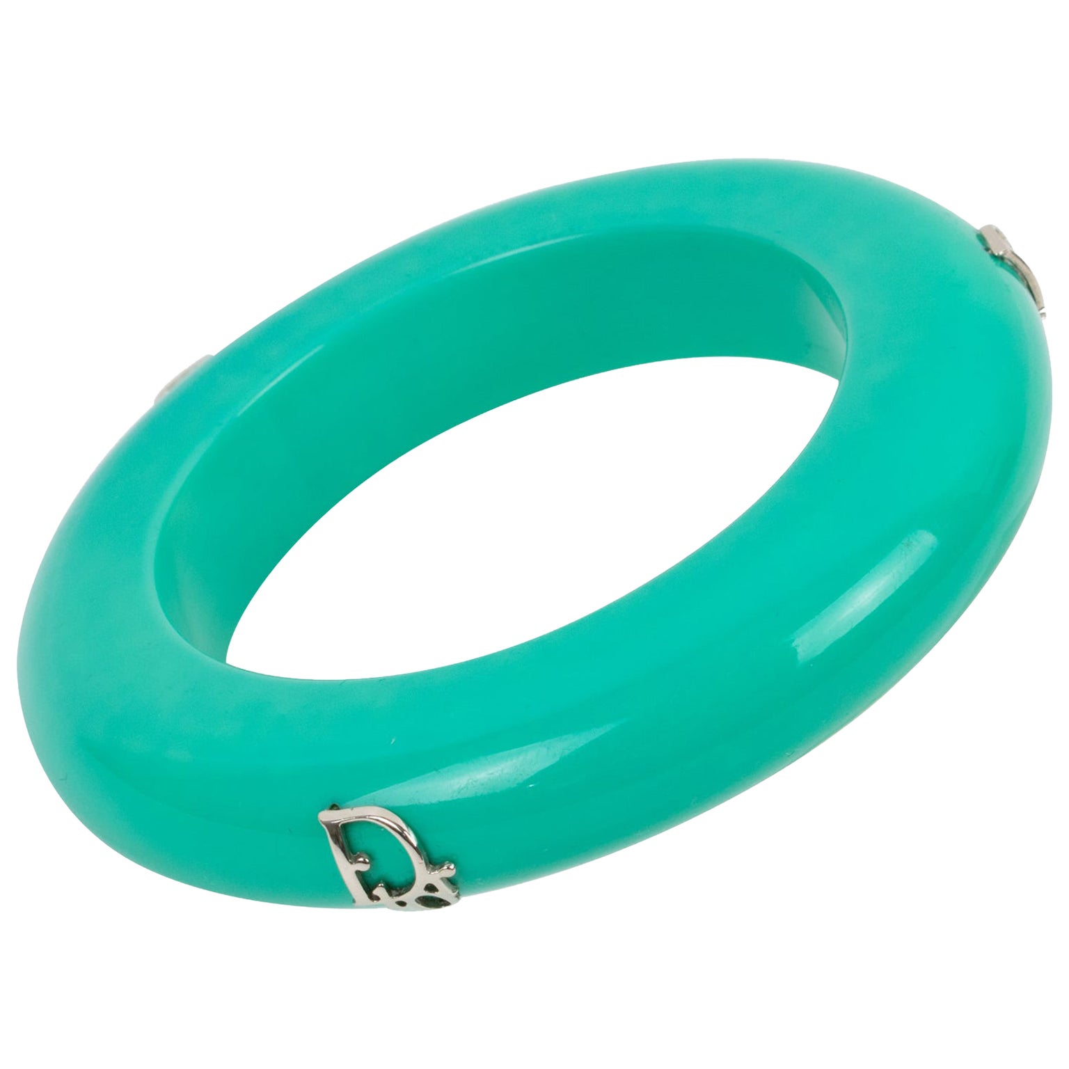Christian Dior Bracelet Bangle Turquoise Acrylic and Silver Dior Logos For Sale