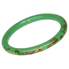 Antique Art Deco Green Celluloid Bracelet Bangle with Asian-Inspired Design