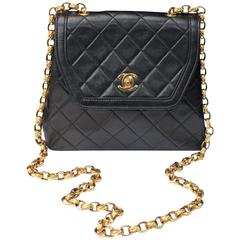 1980s- Early 1990s Chanel Black Lambskin Leather Shoulder Bag with Gilt Chain