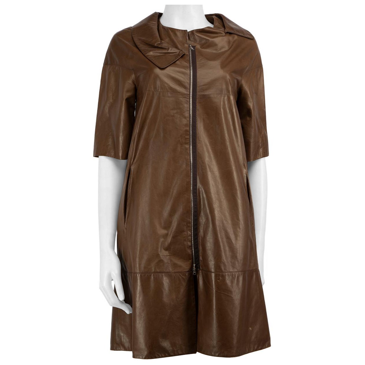 Marni Brown Leather Asymmetric Collar Dress Size S For Sale