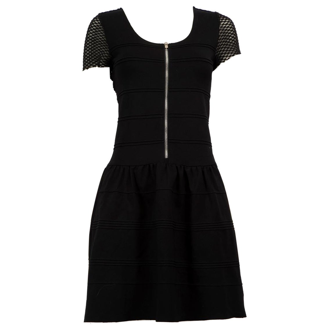 Maje Schwarzer Rücken Mesh Panel Zip Front Minikleid Größe L