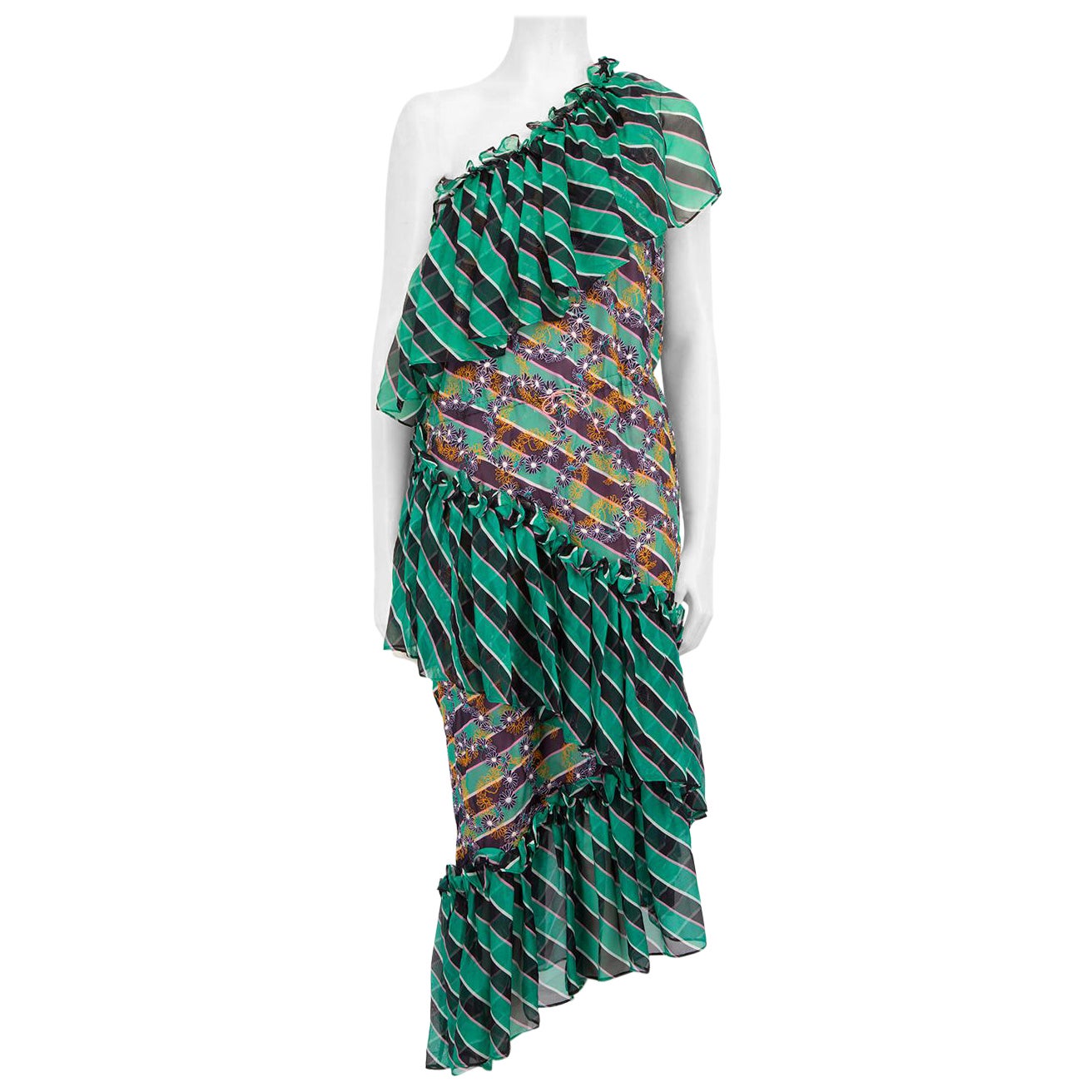 Marco de Vincenzo Green One Shoulder Ruffle Dress Size L For Sale