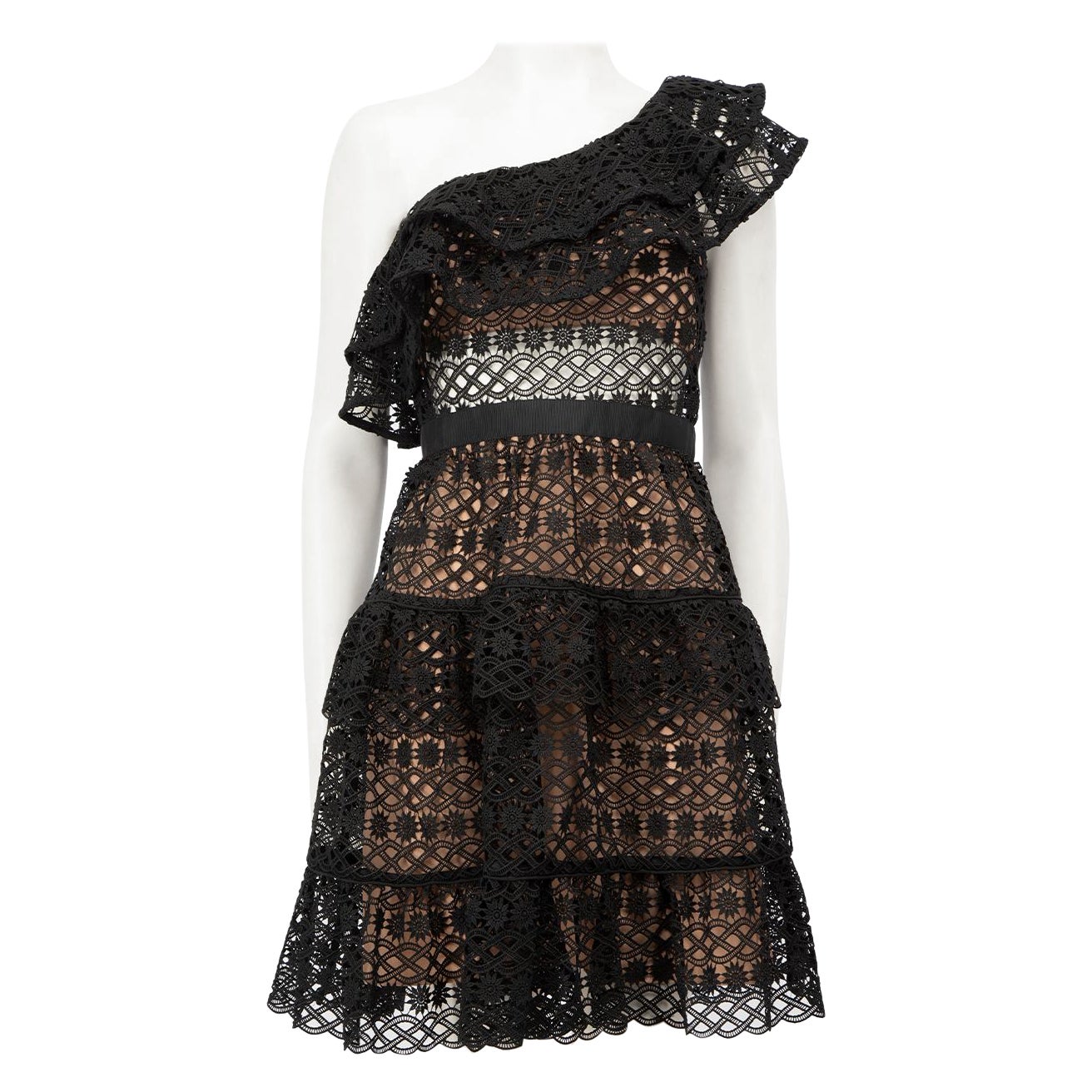 Self-Portrait Black Lace One Shoulder Mini Dress Size S For Sale