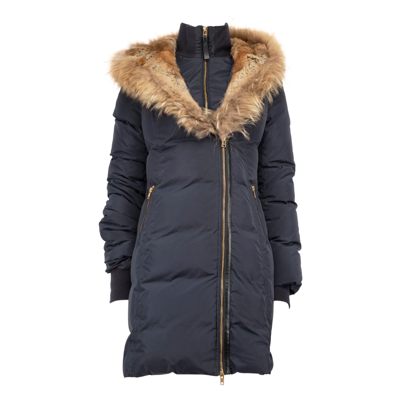 Mackage Navy Cappotto con cappuccio in pelliccia di procione Taglia M in vendita