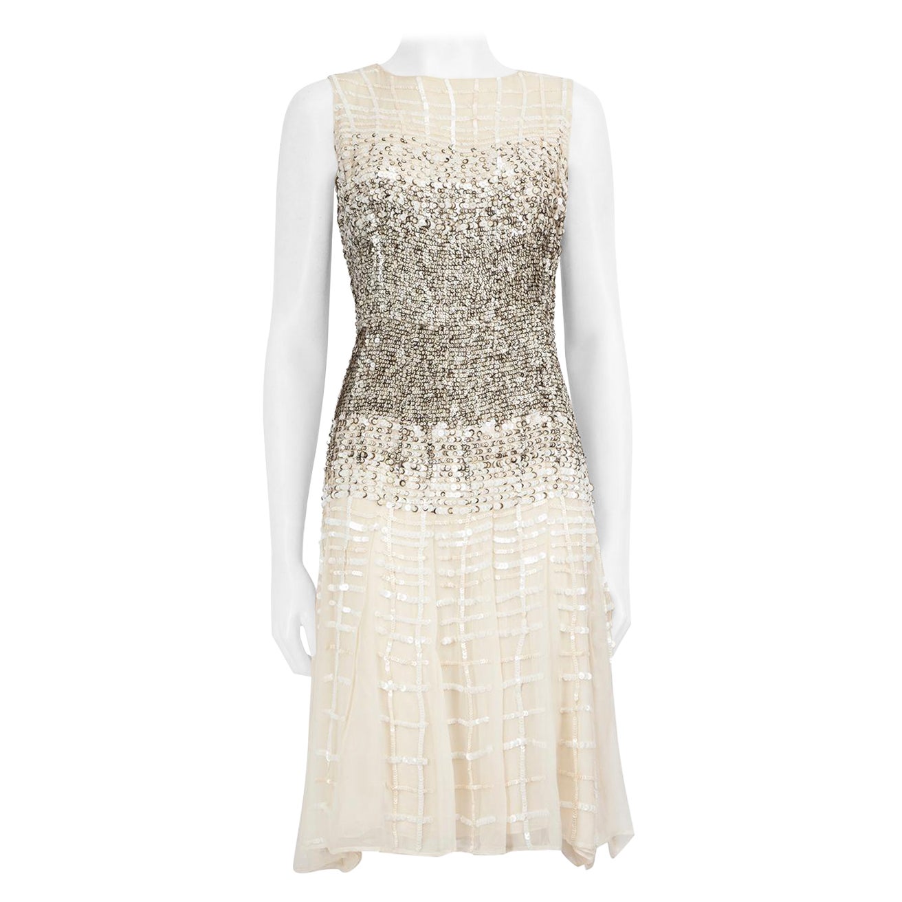 Oscar de la Renta Ecru Silk Ombré Sequin Knee Length Dress Size XXL
