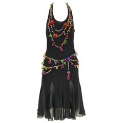 90s Moschino black jersey halter dress with acrylic beads applique