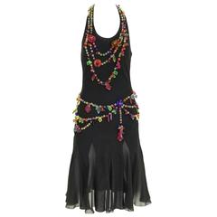90s Moschino black jersey halter dress with acrylic beads applique 9