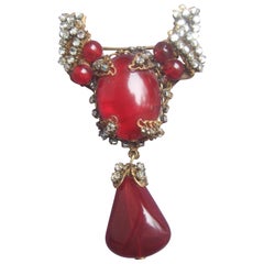 Miriam Haskell Exquisite Scarlet Glass Tear Drop Brooch ca 1950s