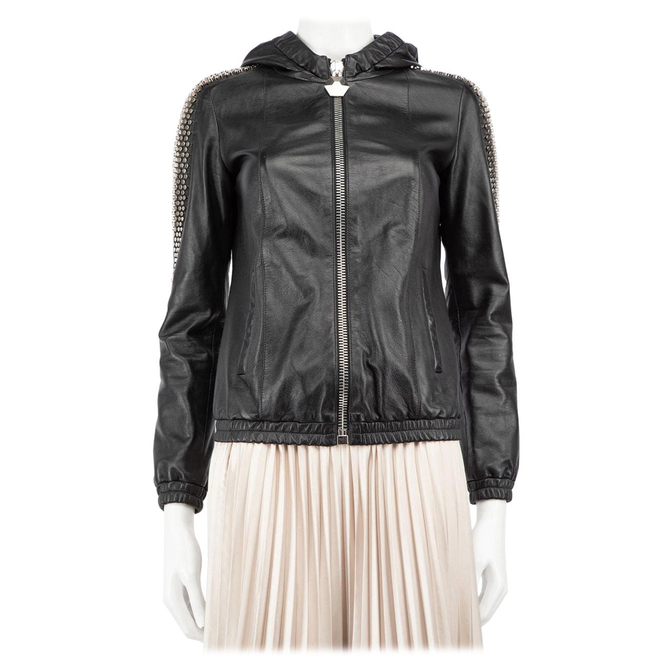 Philipp Plein Black Leather Stud Sleeves Jacket Size S For Sale