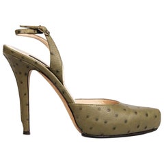 Escada Khaki Ostrich Leather Slingback Pumps Size IT 37